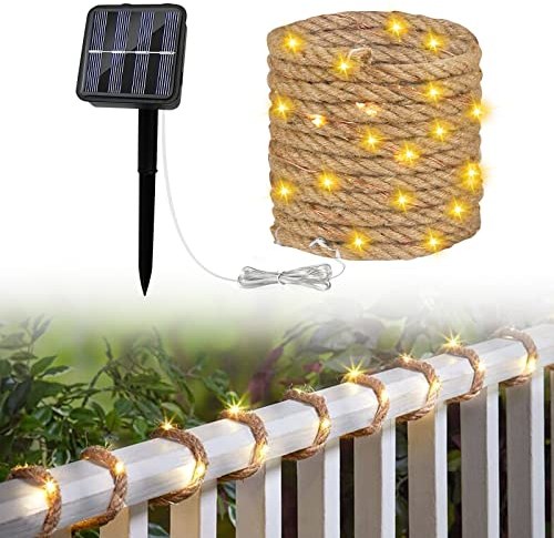 Cadena Luces Solares para Jardín, Cadena Luces IP65 con 100 LED para Decoración de Balcón, Terraza, Jardín, Exterior, Lámpara iluminada con Estrella Sisal 500 cm, Luz Decorativa Cuerda Blanca Cálida