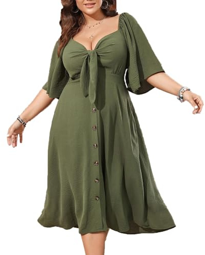 BSLVWG Womens Plus Size Summer Dress 2024 Casual Short Sleeve Spring Summer Deep Vacation V Neck Elegant Bow Tie Loose Fit Swing T-Shirt Dress (UK, Alpha, 3XL, Plus, Regular, Green)
