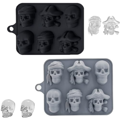 Vastsea 2 Stück Totenkopf silikon eiswürfelform, Cube Tray Halloween Silikonform,6 Eiswürfel Totenkopf, Silikon Eiswürfelform Totenkopf für Whiskey,Cocktail (Schwarz)
