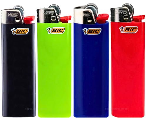 Zactly - 4 x Maxi BIC Lighter Set J6 BIC Gas Lighters, Large Classic Design Size, Flint Wheel Long Lasting Pocket Candle BBQ Lighter (4 Assorted Colours)