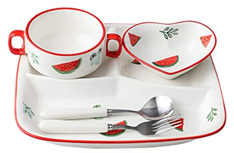 Plato de porcelana para control de porciones con cuenco/cuchara/tenedores, plato resistente con compartimento para adultos para una alimentación saludable