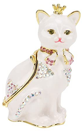Katzen-Schmuckkästchen, weiße Katzen-Schmuckschatulle mit Scharnier, Schmuckschatulle mit Kristallen, Ringhalter, niedliche, handbemalte, emaillierte Katzenfigur, Sammlerstück, einzigartiger Mini-Ring