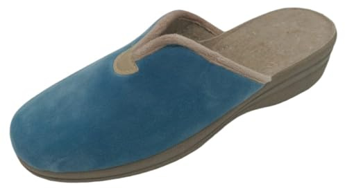 HECHO EN ESPAÑA Zapatillas de Casa con Cuña para Mujer - Suela Antideslizante - Altura de 4,5 cm (corte azul claro, Sistema tallas calzado EU, Adulto, Números, mediano, 39)