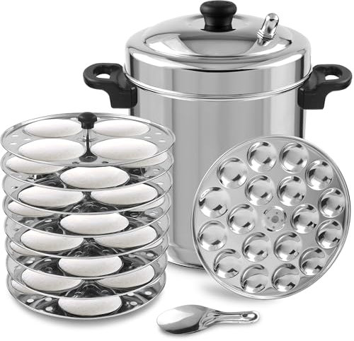 KSJONE Stainless Steel Idli Cooker with Whistle Indicator, Food Grade 8 Idli Plates For Cooker, Electric Pot, Insta Pot - 8 Idli Plates & 1 Mini Idly Plates - Makes up to 32 Idlis