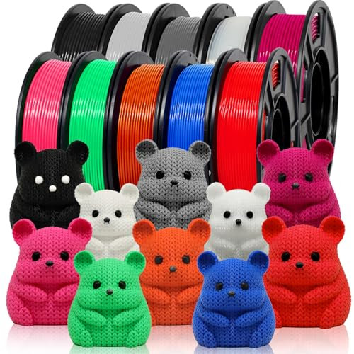 EONO 3D Drucker Filament 1.75mm, PLA Filament Bundle 10x250g – Hochfeste 3D-Drucker Filament, Schwarz, Weiß, Grau, Blau, Grün, Rot, Pink, Orange, Lila, Transparent, Kompatibel mit allen FDM