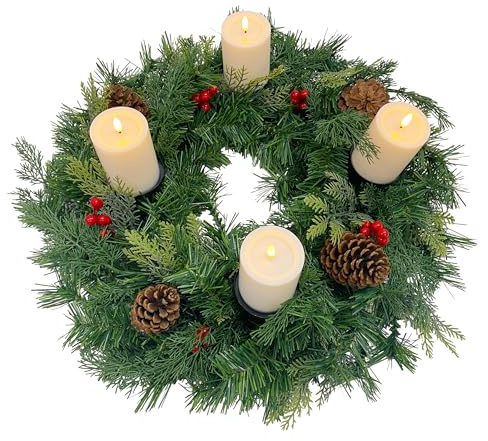 Trädgårdspirat, konstgjord julkrans, Ø 60 cm, med 4 LED-ljus, flicker-effekt, adventskrans, dekorerad med grankottar och röda bär