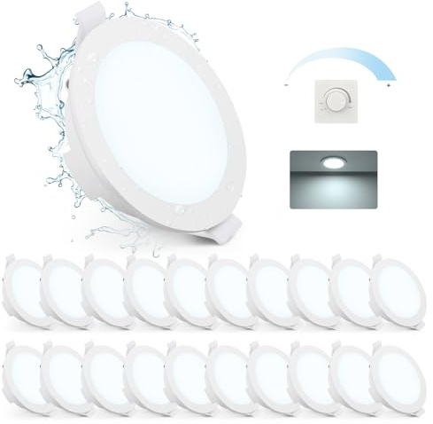Gr4tec Spot LED Encastrable Extra Plat Lot de 20, Spot LED Dimmable Blanc Froid 6500K 6W 400LM, Spot Etanche Salle de Bain IP65, Plafonnier LED Encastrable Trou 68-80mm pour Salon Cuisine Chambre