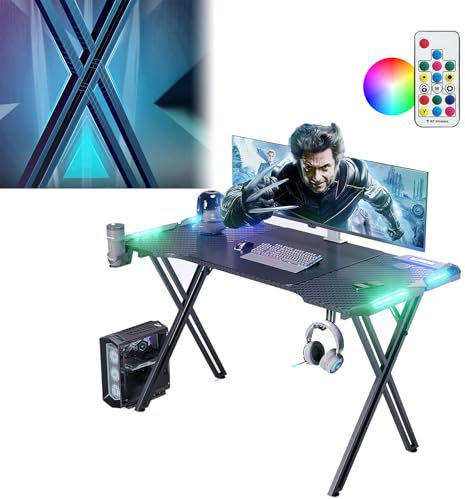 UISEBRT 120x60x73cm X-Frame Gaming Escritorio con LED, Escritorio de Ordenador con Soporte para Bebidas y Auriculares, Gancho Superficie de Fibra de Carbono, Mesa de Gamer Ergonómica para Dormitorio,