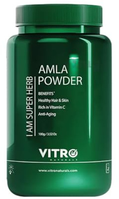 Vitro Amla Pulver 100g Natürlich 100% - Indische Stachelbeere, Haarpflege & Hautpflege, Anti-Aging Antioxidantien | Reduziert Haarausfall, Schuppen & graues Haar mit Kajal