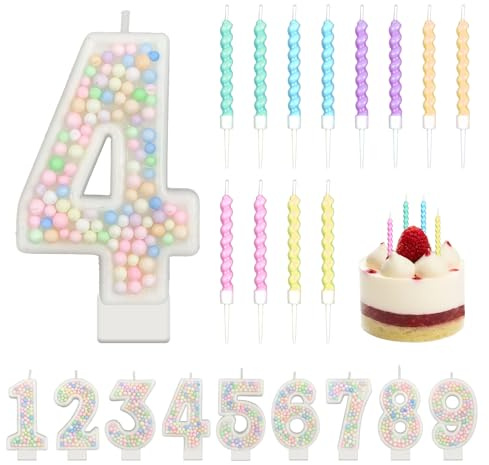 Macaron Zahlenkerzen, Pastell Geburtstagskerzen mit 12 Spiralkerzen Mädchen | Bunte Perlen-Zahlenkerzen (4), 12 rußfreie Spiralkerzen, pastell, ideal für Mädchenkuchen, Jahrestag & Muffin Topper