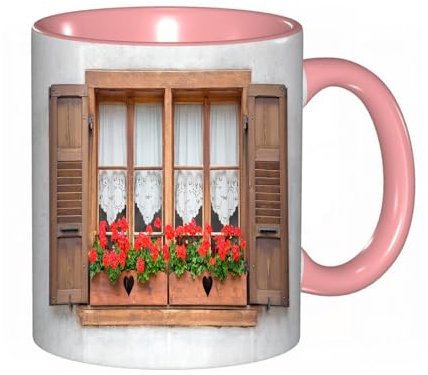 EKLMPS Tazas de Café,Taza de Cerámica para Té y Café,330ml/11oz,Regalos original,Aniversarios,nupical,desayuno,Románticos,Impresión de antiguas ventanas europeas con contraventanas y flores T.