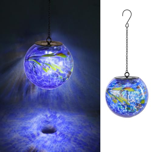 VCUTEKA Solar Hanging Lanterns Outdoor Decoration, Glass Solar Lights with Hook Up, Solar Garden Gazing Ball Light for Yard, Tree and Patio Decor, Blue