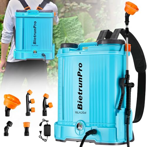 4 Gallon Battery Powered Backpack Sprayer with Mixer, 100 PSI Powerful Pressure Weeds Insecticide Pesticide Electric Sprayer, 31.50 in Metal Spray Pole, 5 Nozzles, Ergonomic Backpack, for Lawn Garden