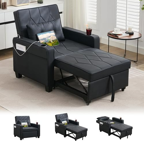 GRAVFORCE Schlafsessel 4 in 1 Schlafsofa mit 2 Ladeports und 2 Becherhaltern Sessel mit Schlaffunktion Bettfunktion, Relaxsessel Fernsehsessel Klappbares Schlafsofa Sofa Bed, Schwarz