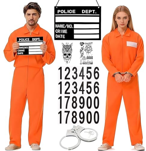 Sträfling Kostüm Herren Damen,Prisoner Overall Kostüm,Gefängnis kostüm Herren,Häftling Outfit herren,Sträfling Kleidung Orange mit Gefangener Overall Handschellen Namensschilder,für Karneval, Fasching