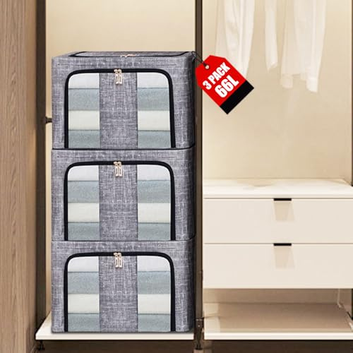 MAXALANCE Clothes Storage Boxes 3PCS 66L, Folding Storage Bag Fabric Steel Frame, Closet Organizer with Opening Zips & 3 Clear Windows for Storing Bedding,Blankets