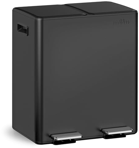 mVm Cubo de Basura Cocina, 2 Compartimentos 2 x 20L Papelera de Cocina de Acero Inoxidable con Pedales, Papelera Moderna y Robusta, Cierre Suave, para Cocina, Salón, Negro