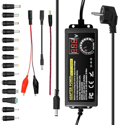 Universal Netzteil 72W, 3V-24V & 3A Max Einstellbare Spannung,100-240V AC/DC Netzteiladapter mit LED-Anzeige + 14 Tipps für Haushaltselektronik,Laptop,Router,LED-Streifen,Modellbau