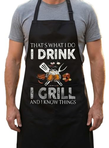 Hontaog Black Waterproof Apron, Soft Durable Polyester Cooking Apron with Creative Print, Unisex for BBQ, Baking, Gardening & Painting