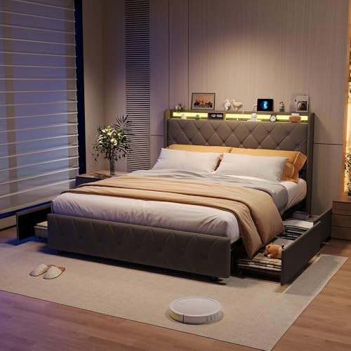 Bagagebädd 160 x 200 med LED- och USB-belysning, 4 lådor, dubbel vadderad säng med förvaring och sänggavel, 2 personer, vadderad sängram med ribbotten, flanell, utan madrass
