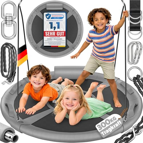 ELONEO Nestschaukel Outdoor & Indoor mit 120 cm Durchmesser | Tellerschaukel bis 300kg belastbar | höhenverstellbare Hängeschaukel inkl. Kissen, Griffen und Zubehör-Set | Premium Schaukel