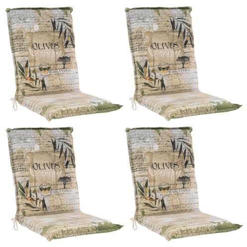 Home4You 4er Set Mittellehner-Stuhlauflagen Beige mit Olivenmotiv – Wende-Gartenstuhlauflage 110 x 50 x 8 cm – Rückseite Grün Unifarben – Baumwolle – Gefertigt in Deutschland