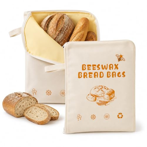 2Pcs Beeswax Bread Bag, Large Reusable Bread Bags for Homemade Bread and Sourdough Loaf, Natural Organic Bees Wax Food Wraps Storage Holder, Bakery Essentials to Keep Bread Fresh