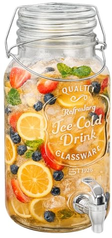 Almineez 3.6L Glass Drink Dispenser with Tap and Handle - Cold Water Dispenser with Tap, Fridge Water Dispenser Cocktails, Infused & Soft Drinks for BBQ's Parties Home Counter