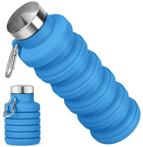 Rimotedeso Botella de Agua Plegable, Ligera y Hermética con Mecanismo de Plegado con una Mano, 500ML, para Camping, Senderismo y Actividades al Aire Libre, Silicona de Grado Alimenticio, Azul con