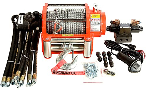 Winchmax 15000 lb / 6804 kg Original orangefarbene hydraulische Winde. 25m x 12mm Stahlseil. 1/2 Zoll Gabelhaken. Komplettes Kontrollsystem.