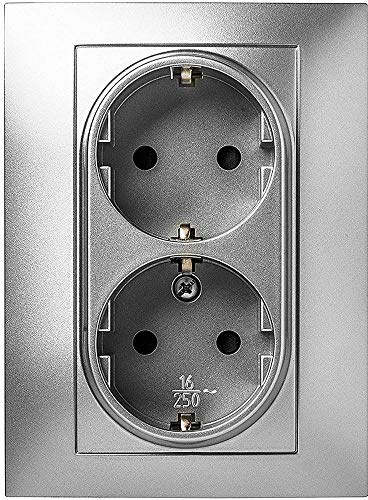FAMATEL – Doppelsteckdose | Einbaudose | Serie Habitat 15 | Kindersicherung | Einfache Installation | Halogenfrei | Kindersicherung | TT | 16A | 250V | Aluminium