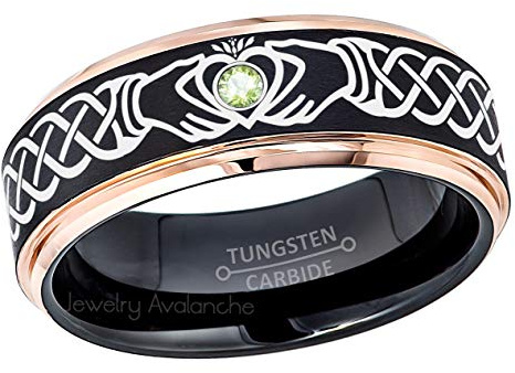 Jewelry Avalanche Claddagh 2-Tone Mens Rose Gold & Black Tungsten Wedding Band - 0.07ct Peridot Tungsten Carbide Ring - August Birthstone Ring - 12.5