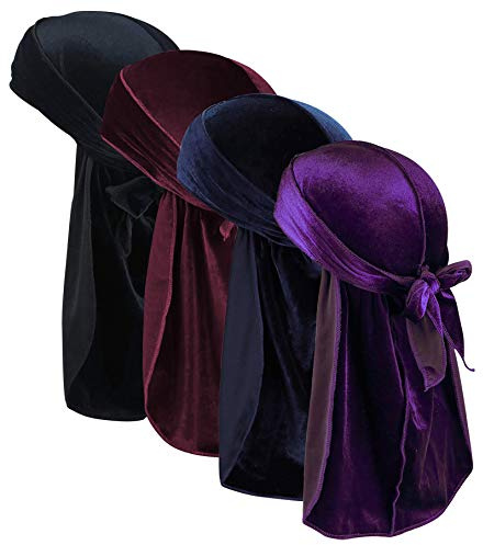 JarseHera Durags de terciopelo para hombre, 2/4 pares de trapos extra largos, varios colores para ondas (Durag Velevt-negro, azul marino, vino y morado, 4 pares, talla única)