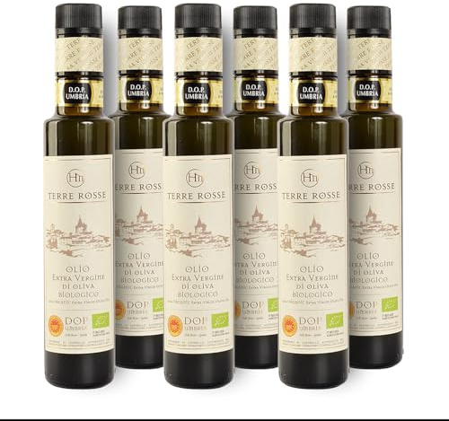Terre Rosse - Olio Extravergine di Oliva Biologico Spremuto a Freddo - Monocultivar Moraiolo - Certificazioni DOP Umbria Colli Assisi Spoleto e Kosher/P - Campagna Olearia 2024-6 Bottiglie 250 ml