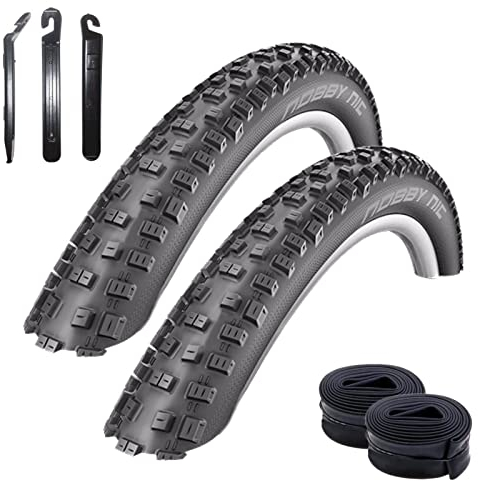 Angebot-Set / 2 x Schwalbe Nobby NIC ADDIX E-25 MTB E-Bike Fahrradreifen in Schwarz 57-584 (27.5 x 2.25) + 2 Schwalbe Schläuche SV19 inkl. 3 Reifenheber