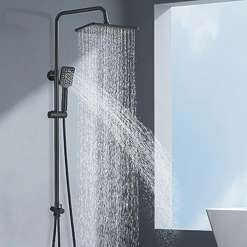 Rozin Shower System Set Black Shower Kit Square Rainfall Head Hand and Hose Set Adjustable 70-117 cm Riser Rail kit