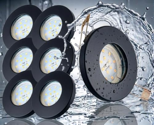 Trango 6er Set IP44 Bad Einbaustrahler 6729IP-065MOSD aus Edelstahl in Schwarz Rund inkl. 6x Ultra flach 3 Stufen dimmbar LED Modul nur 3cm Einbautiefe für Bad, Außen, Deckenstrahler, Einbauspot
