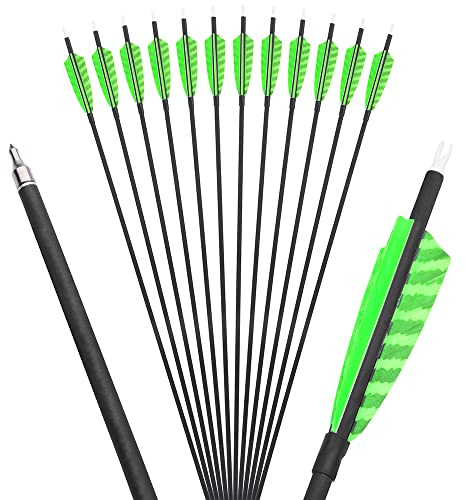ZSHJGJR 12 Stück Carbon Pfeile 31 Zoll, Pfeile für Bogenschießen mit Naturfeder 500 Spine Carbonpfeile für Jagd und Bogenschießen (Grün)