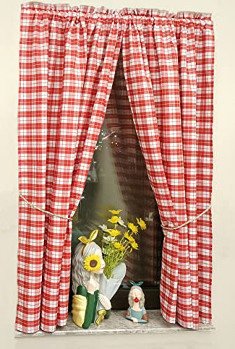 Yaland Cortinas Opacas con Patrón de Cuadros, Cortinas de Casa de Campo, Cortinas de Salón con Alzapaños, Cordón y Cinta de Volantes (An x Al 100 x 120 cm, Rojo) Pack de 2