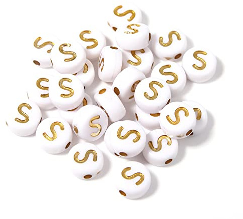 DHARIS 100 STÜCKE Buchstabenperlen Gold Buchstabe Weiß Runde Acryl Alphabet Perlen Buchstaben A ~ Z Perlen für die Schmuckherstellung Armbänder Halsketten Schlüsselanhänger DIY 4X7mm (100 STÜCKE-S)