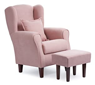 Sillonea - Sillón Orejero Roma con Puff/reposapies, butaca pequeña para salón, Ideal para Ver la TV/Leer. Medida: 100x74x77cm. Tapizado con Tela Antimanchas. (Rosa, Cerezo)