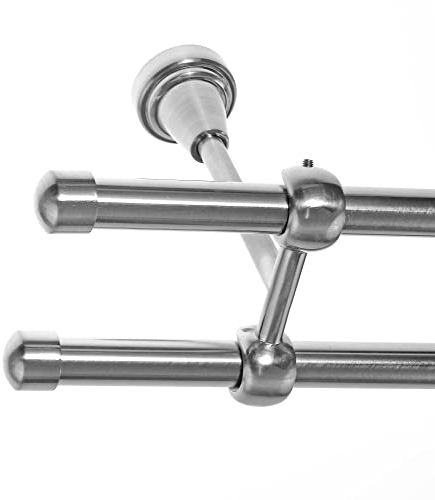 BASIT Gardinenstange I Edelstahl Look Metall Ø 16mm I Vorhangstange I Gardinenstangenset I Deckenbefestigung I 2 läufig mit Deckenmontage I Kappe gewölbt I Länge 140 cm I Design D24 E17 E17