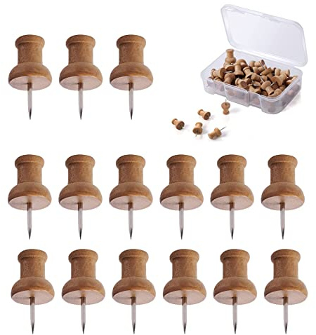 50pcs Wood Push Pins Map Tacks Marking Pins,Bulletin BoardPins Rustproof DrawingPins Thumb TacksPin,Wooden DrawingPins with Storage Box Thumb Tacks Wooden MapPins for School Office Home Supplies