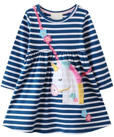 Långärmad bomullströja flickklänning ledig t-shirtklänning, Marinränder_enhörning, 2-3 år