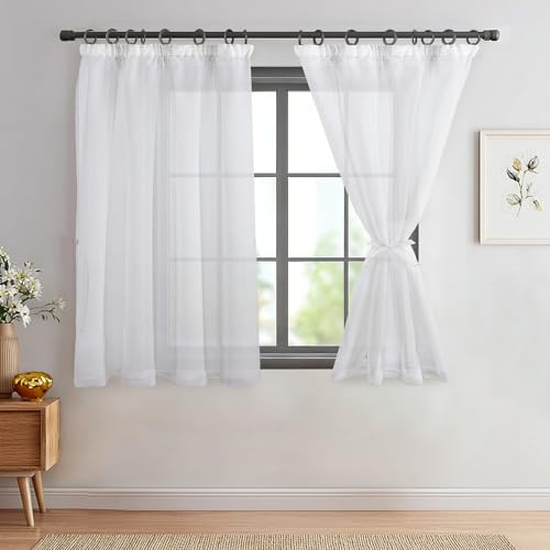 DWCN - Tende in voile con nastro arricciato, effetto lino, 2 pezzi, tende semitrasparenti per soggiorno, tende trasparenti, corte, bianche, 145 x 140 cm (altezza x larghezza)