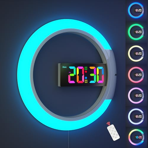 AGEK LED Digital Wall Clock Large Display, 12 inch Round Wall Alarm Clock with Remote Conrol RGB Night Light Temperature Dual Alarms Wall Electronic Clocks for Living Room Bedroom Home Office