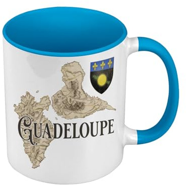 Fabulous Mug de Couleur Qualité Premium Bleu - Guadeloupe 971 Département Ile Carte Ancienne Rare - Tasse avec anse et intérieur de couleur