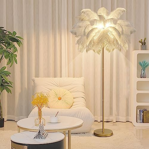 Weiße Feder Stehlampe Straußenfedern Lampe 3 Farbtemperaturen Stehlampe 1,6m Höhe mit Fußschalter Goldene Lampe Körper Hohe Lampen für Wohnzimmer