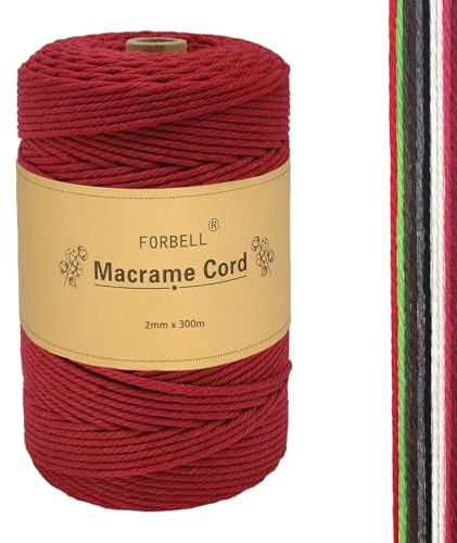FORBELL Filato macramè, 2 mm x 300 m Filato di cotone premium, artigianato fai-da-te (Rosso Bordeaux (2 mm))