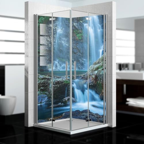 dedeco Eck-Duschrückwand wasserfest Motiv: Wasserfall V22, UV-Lack glänzend, 2 x 100x210 cm, Badrückwand zum Fliesenersatz, Dekorwand, Wandverkleidung und Duschplatte aus Aluminium - Made in Germany